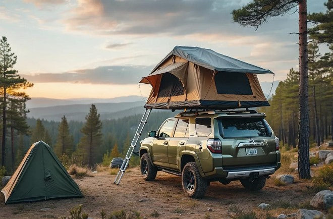 roof top tent with a ladder mounted on a SUV