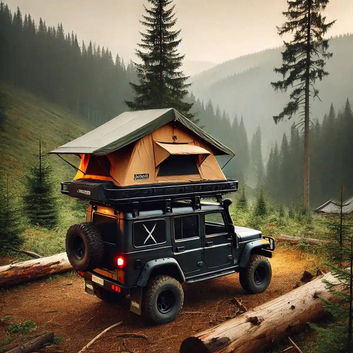 Hard shell RTT mounted on a JEEP in wilderness