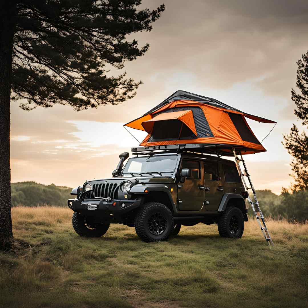 Roof top tent mounted on jeep in lifestyle view