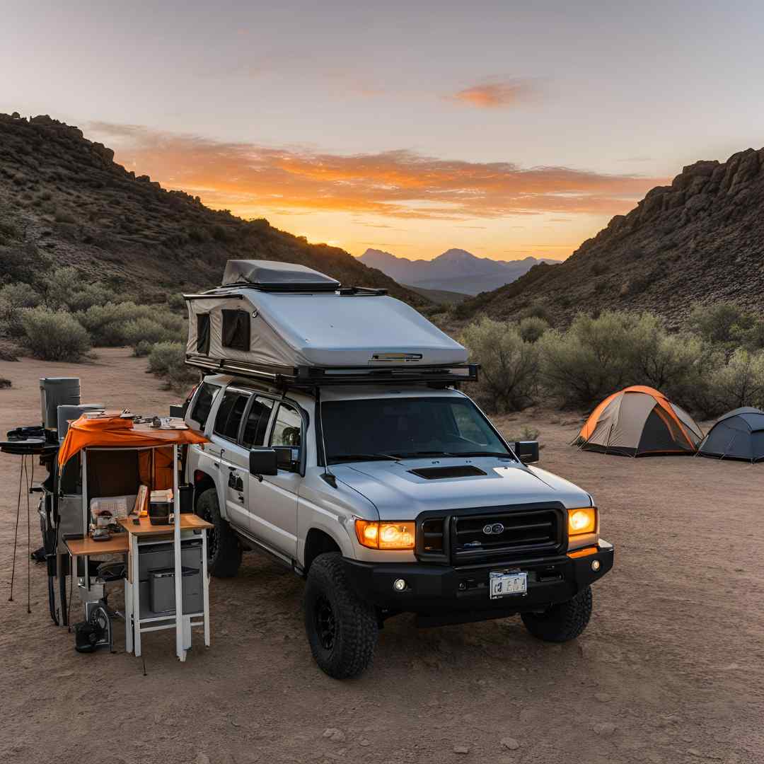 Camping with RTT on truck with a ground tent in mountains