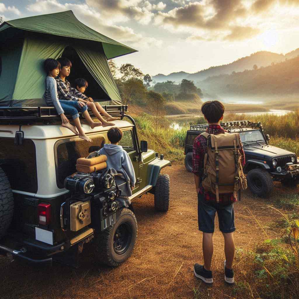 Kids in a roof top tent and standing beside the jeep