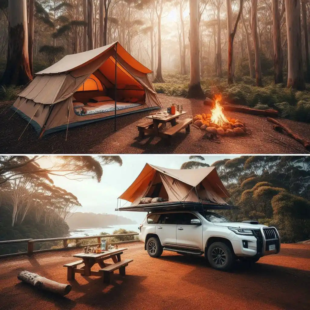 Oztent and roof top tent side by side view in the same image