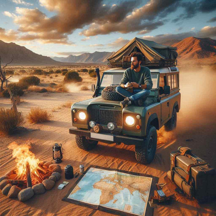 person sitting on jeep with offroading map on the ground