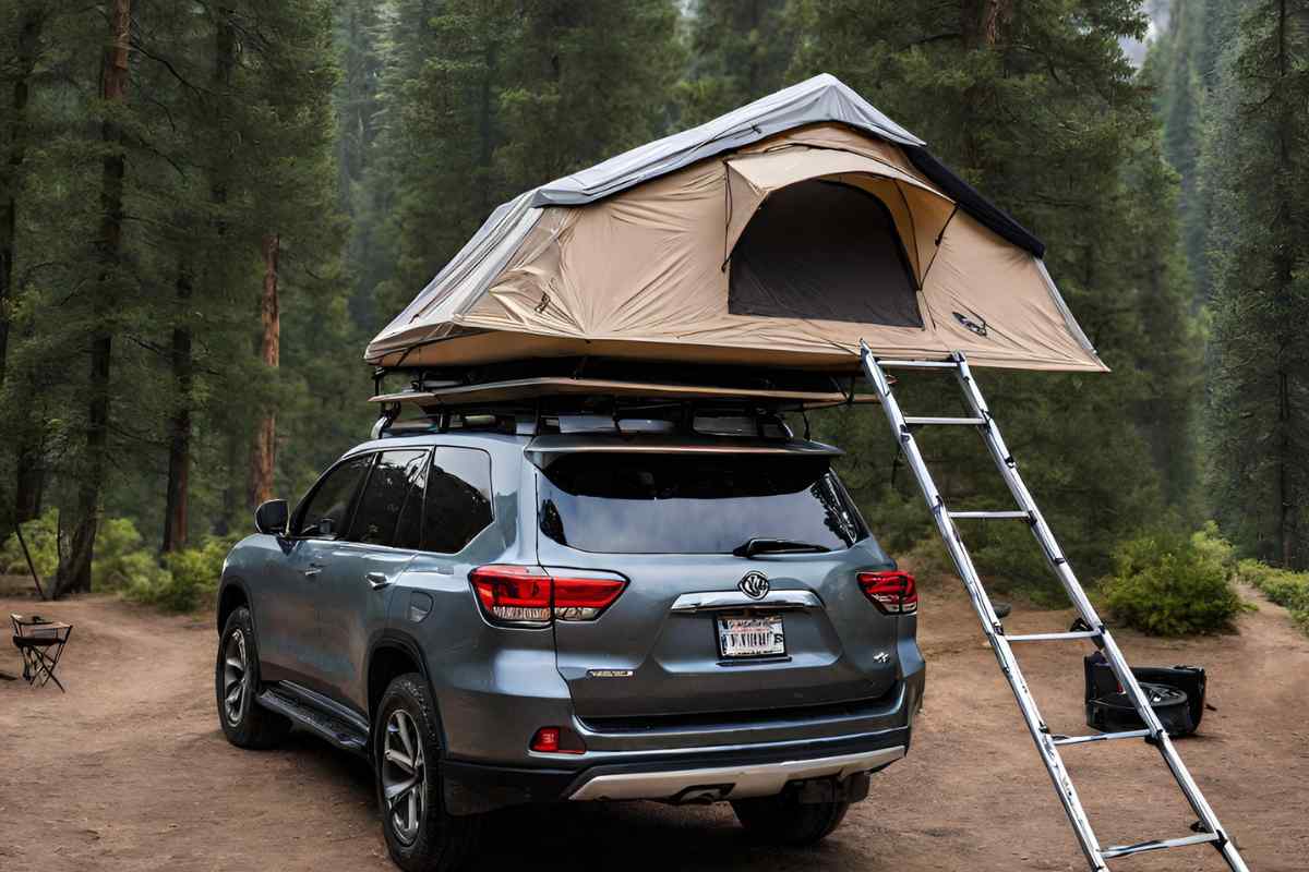 Roof top tent on suv in forest