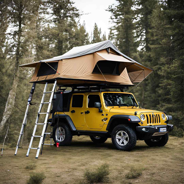 roof top tent mounted on a yellow jeep in forest