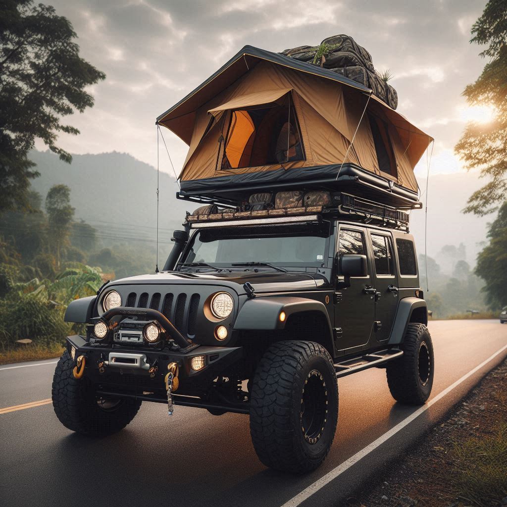 Roof top tent mounted on a jeep