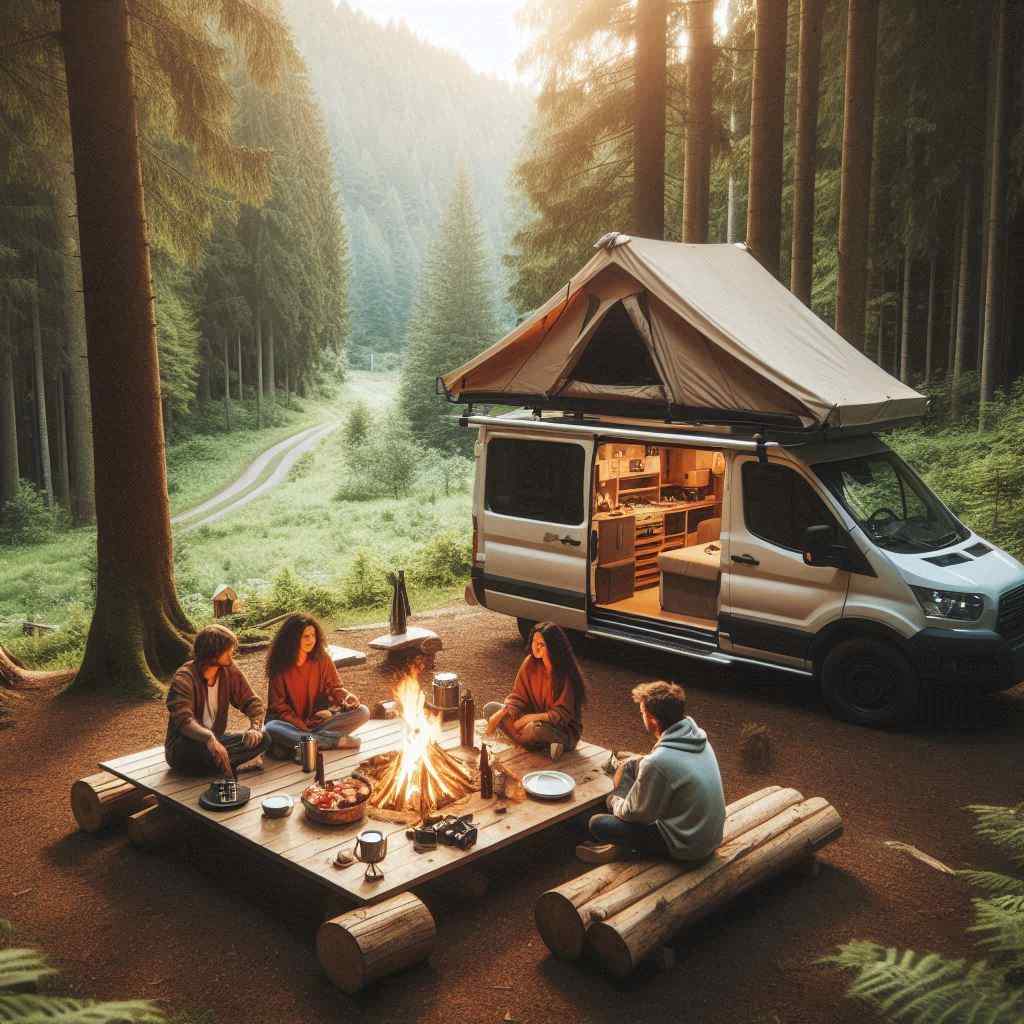 rooftop tent mounted on a camper with family enjoying camping