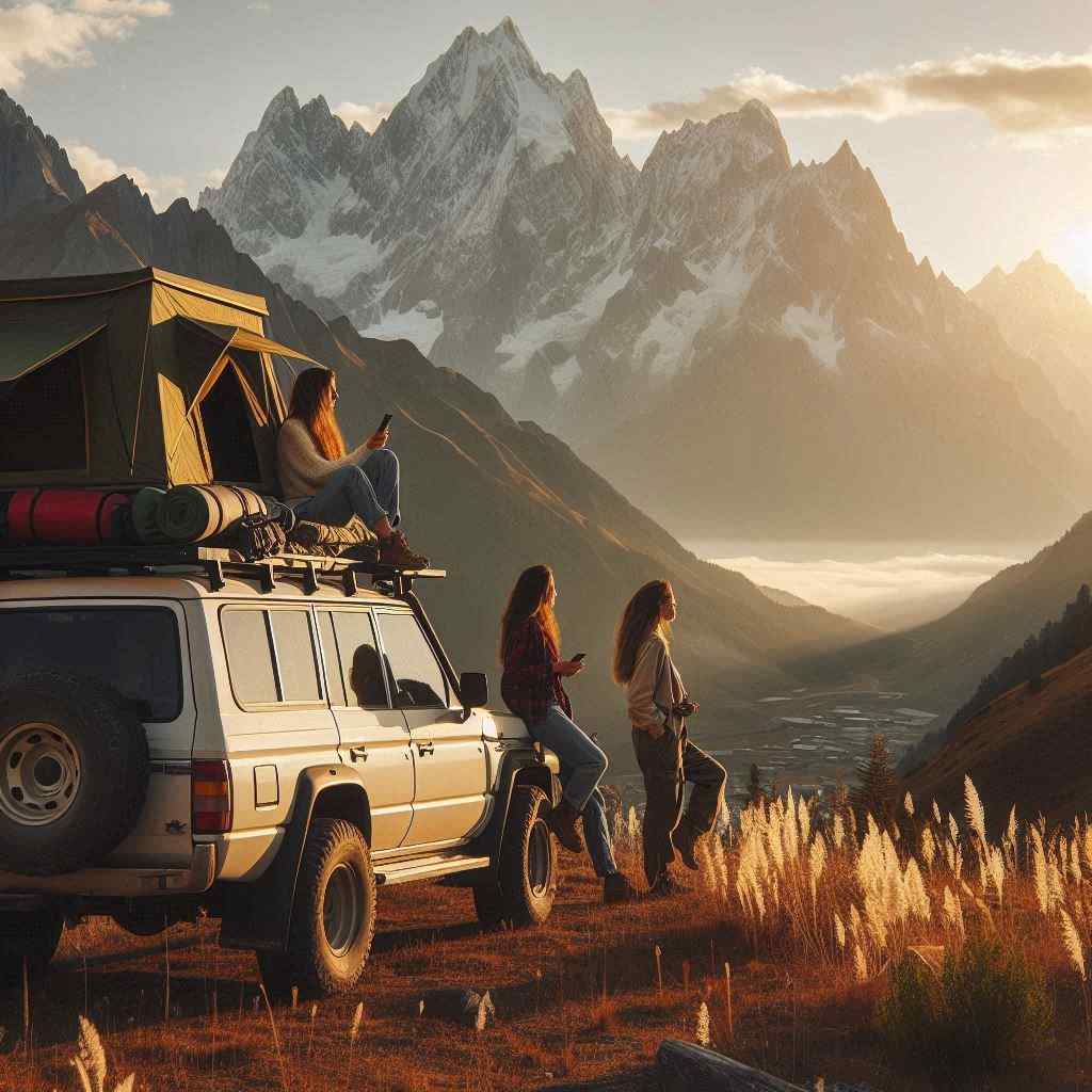 Women overlanders enjoying view beside vehicle and RTT on top