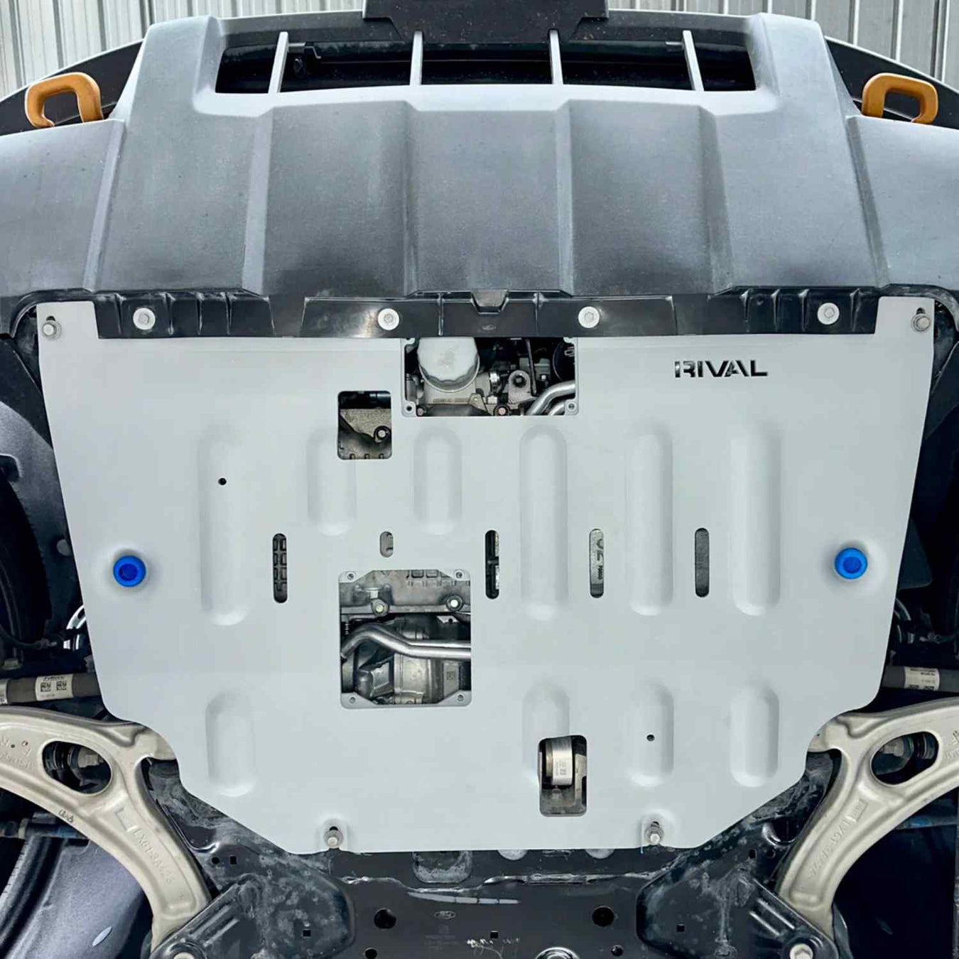 underbody view of mounted rival skid plate on maverick