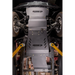 A Juggernaut USA approved steel underbody shield installed on a vehicle chassis, shown from a top-down view with the vehicle's wheels and suspension visible.