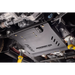 A black metal undercarriage splash shield with 'JUGGERMANT USA' printed on it, installed on a vehicle's underside.