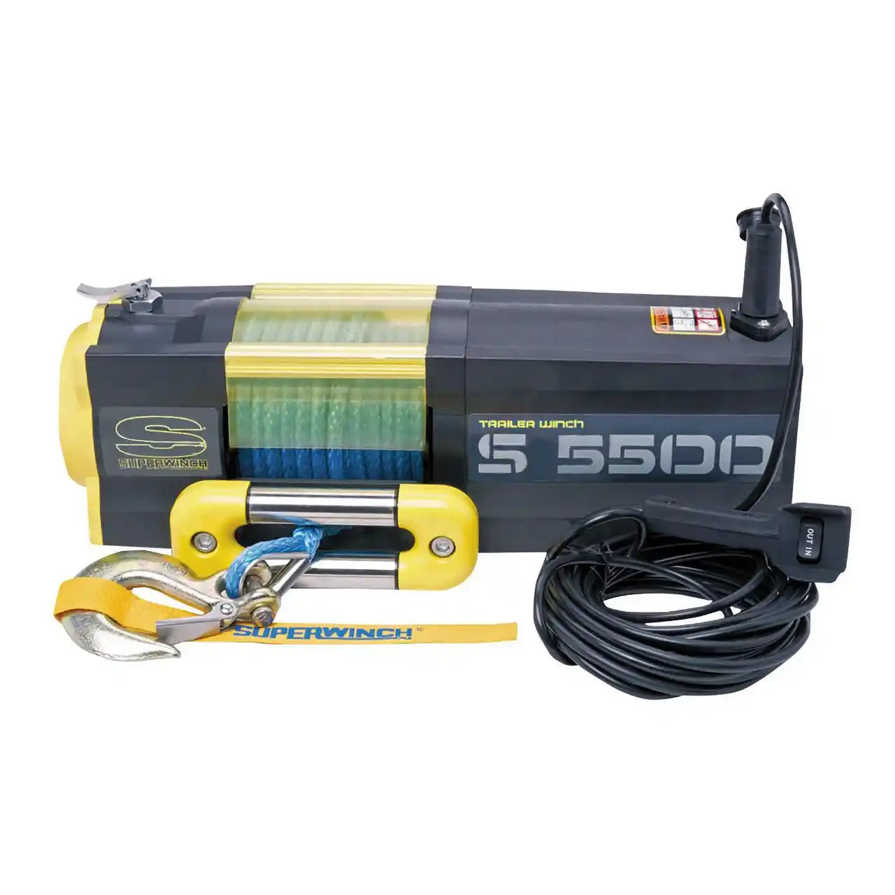 Superwinch 5500 trailer winch with synthetic cable on a white background