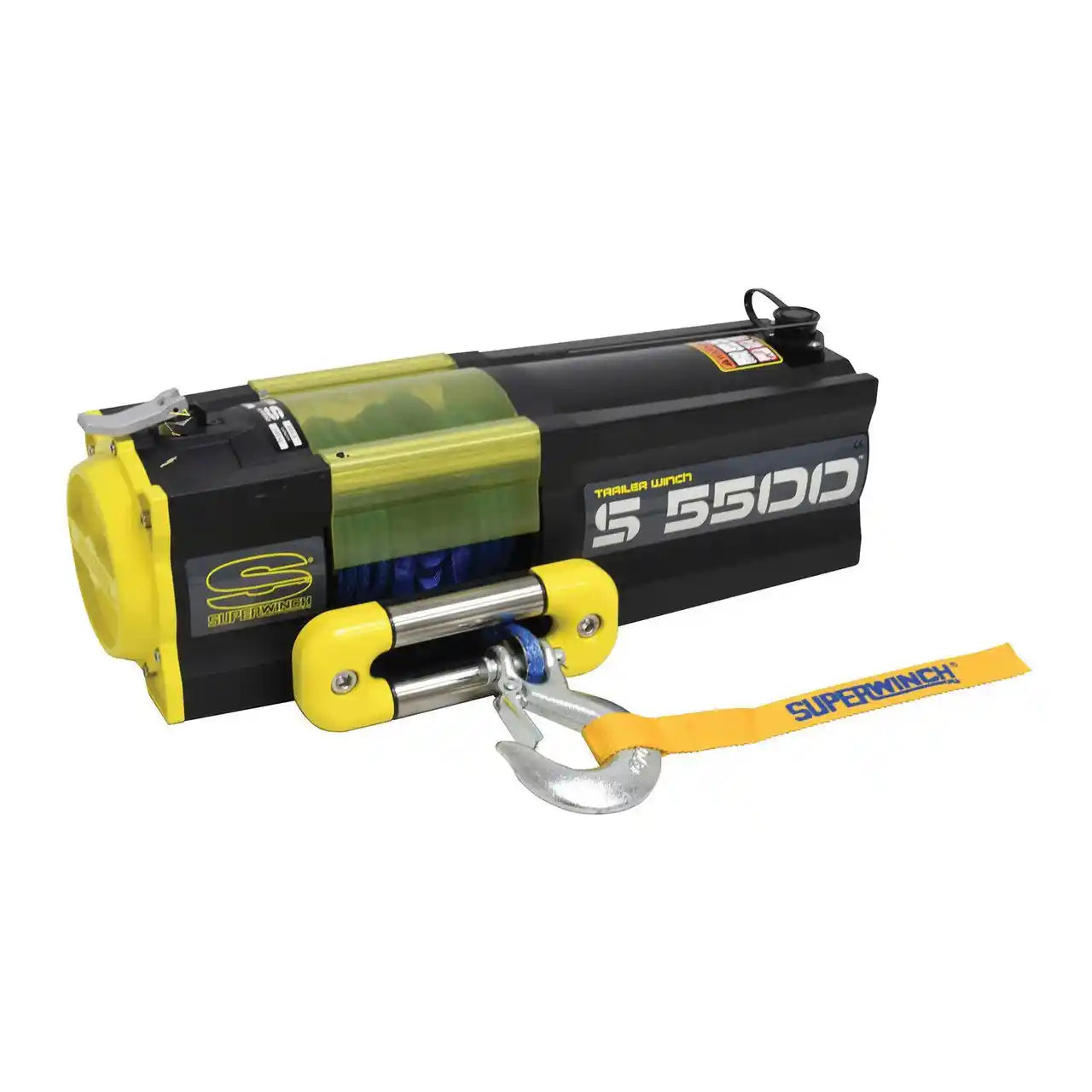 Superwinch winch with yellow and black design on a white background