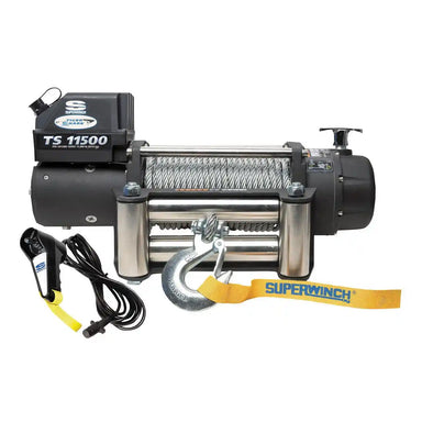 Superwinch TS 11500 winch with cable and hook on a white background
