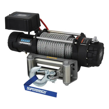 Angled view of Superwinch winch with cable and control box on a white background