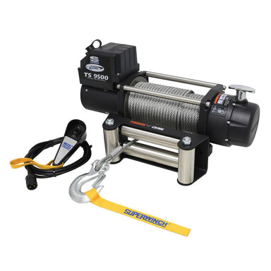 Superwinch TS 9500 winch with cable and hook on a white background
