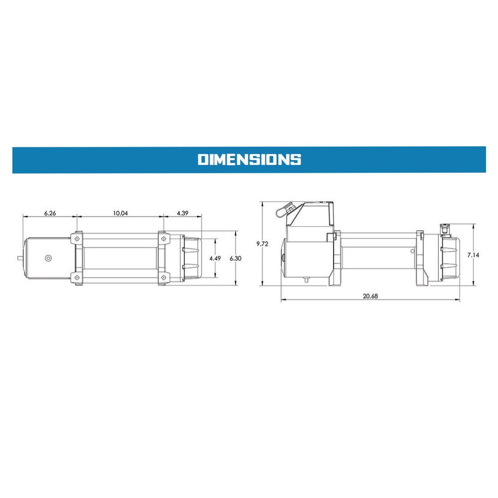 Technical drawing of a 9500 Tiger Shark winch with dimensions labeled on a white background.