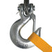 Metal hook with a yellow strap on a white background