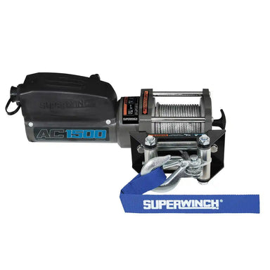 Superwinch AC1500 winch with blue strap on a white background