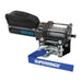 Angled view of AC1500 winch with blue strap on a white background