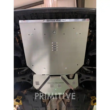 Crosstrek underbody view of the installed front and transmission skid plates.