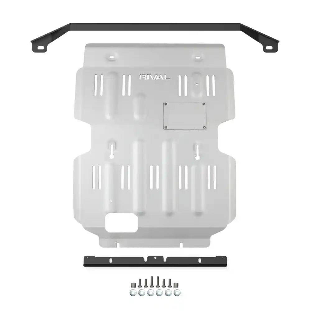 Metal protective skid plate with brackets on a white background