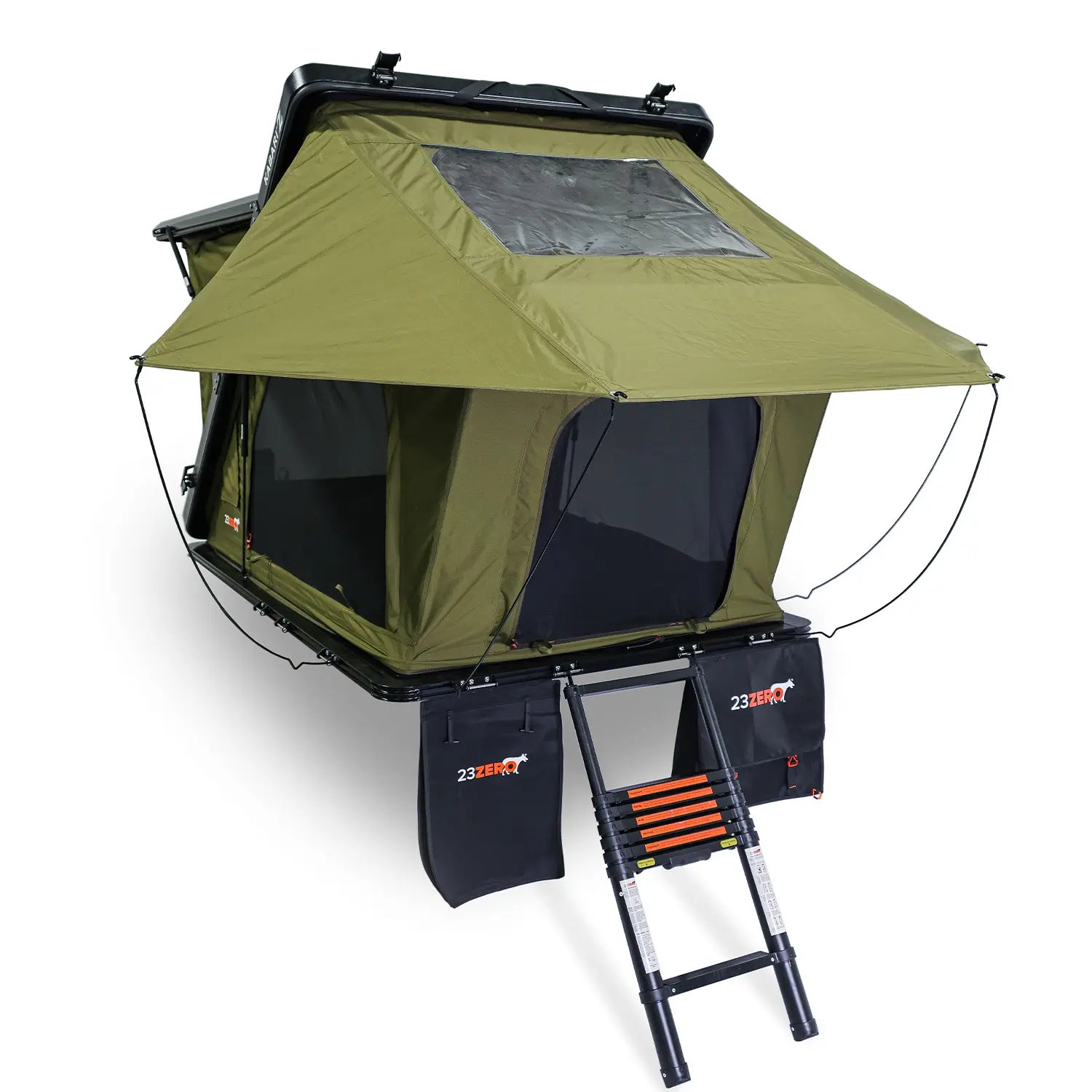 Kabari Z Green rooftop tent with black side panels and a ladder on a white background