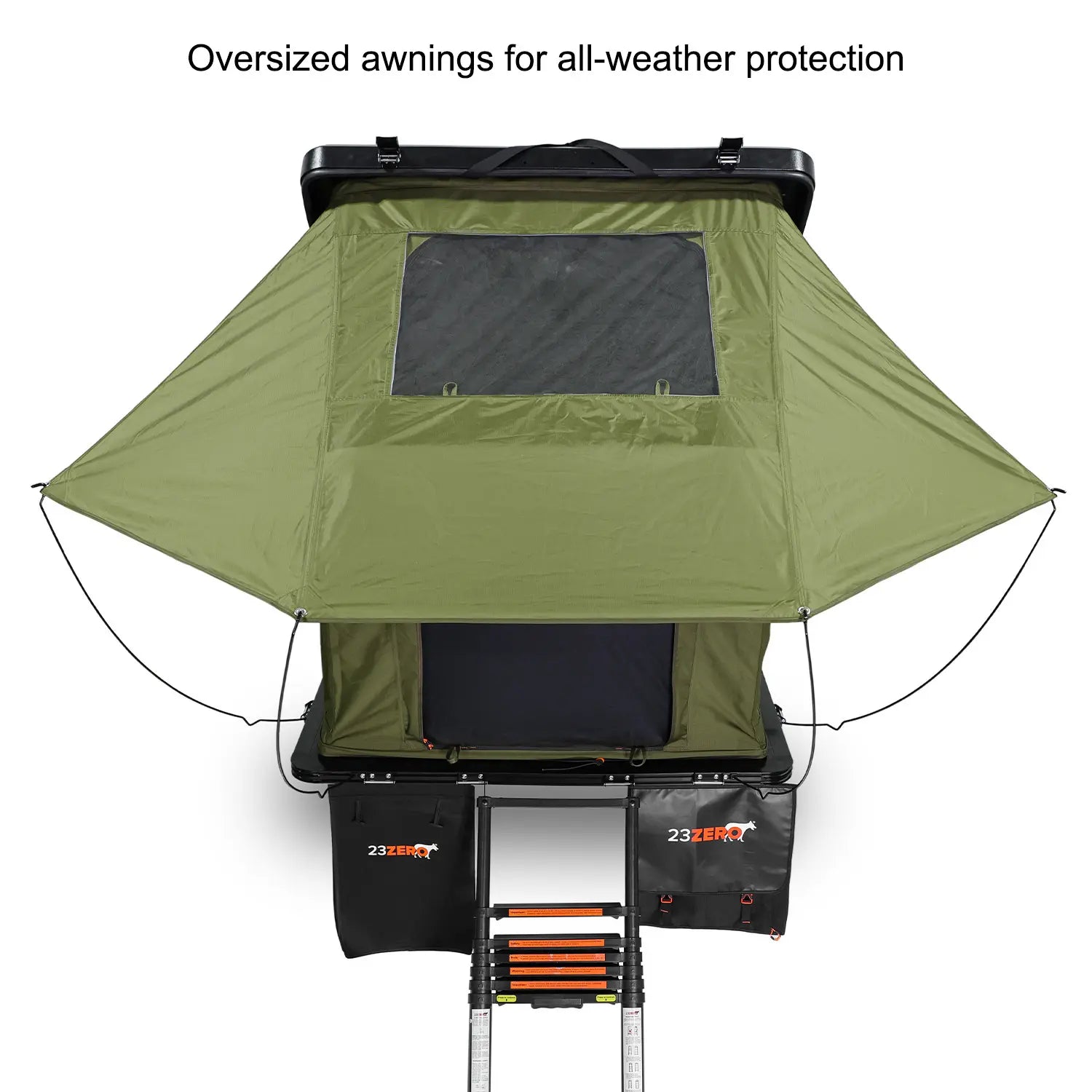 Green rooftop tent with oversized awnings on a white background