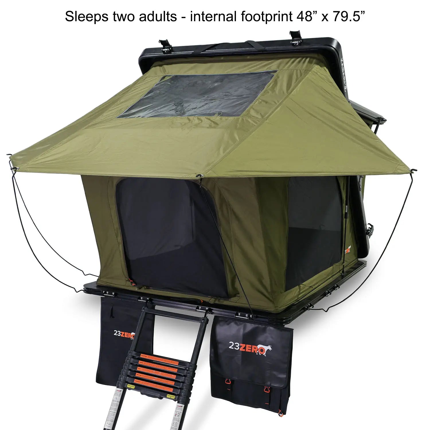 Kabari Z rooftop tent with black interior on a white background, featuring product specifications.