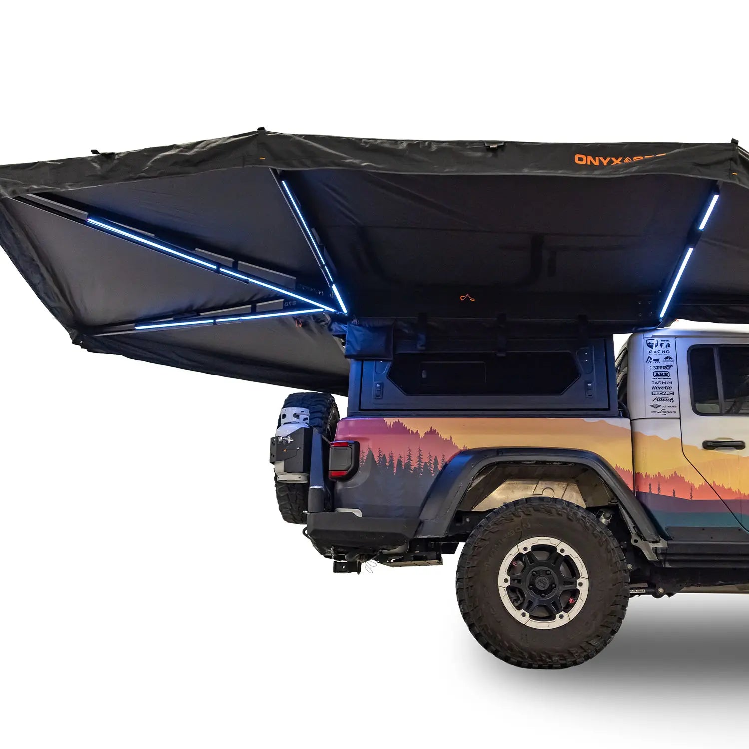 Off-road vehicle with a black awning and LED lights on a white background