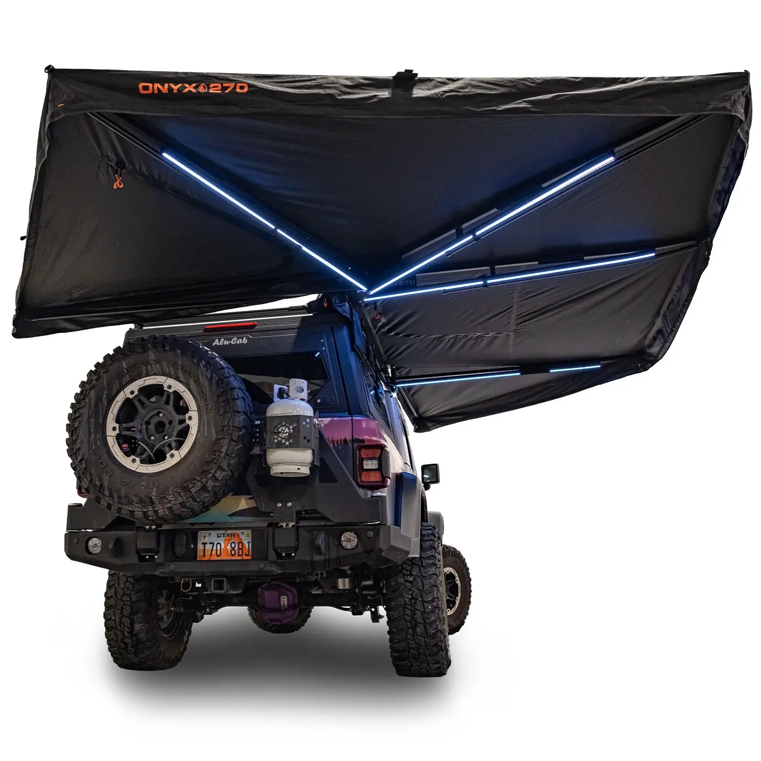 Black ONYX 270 awning attached to a vehicle on a white background