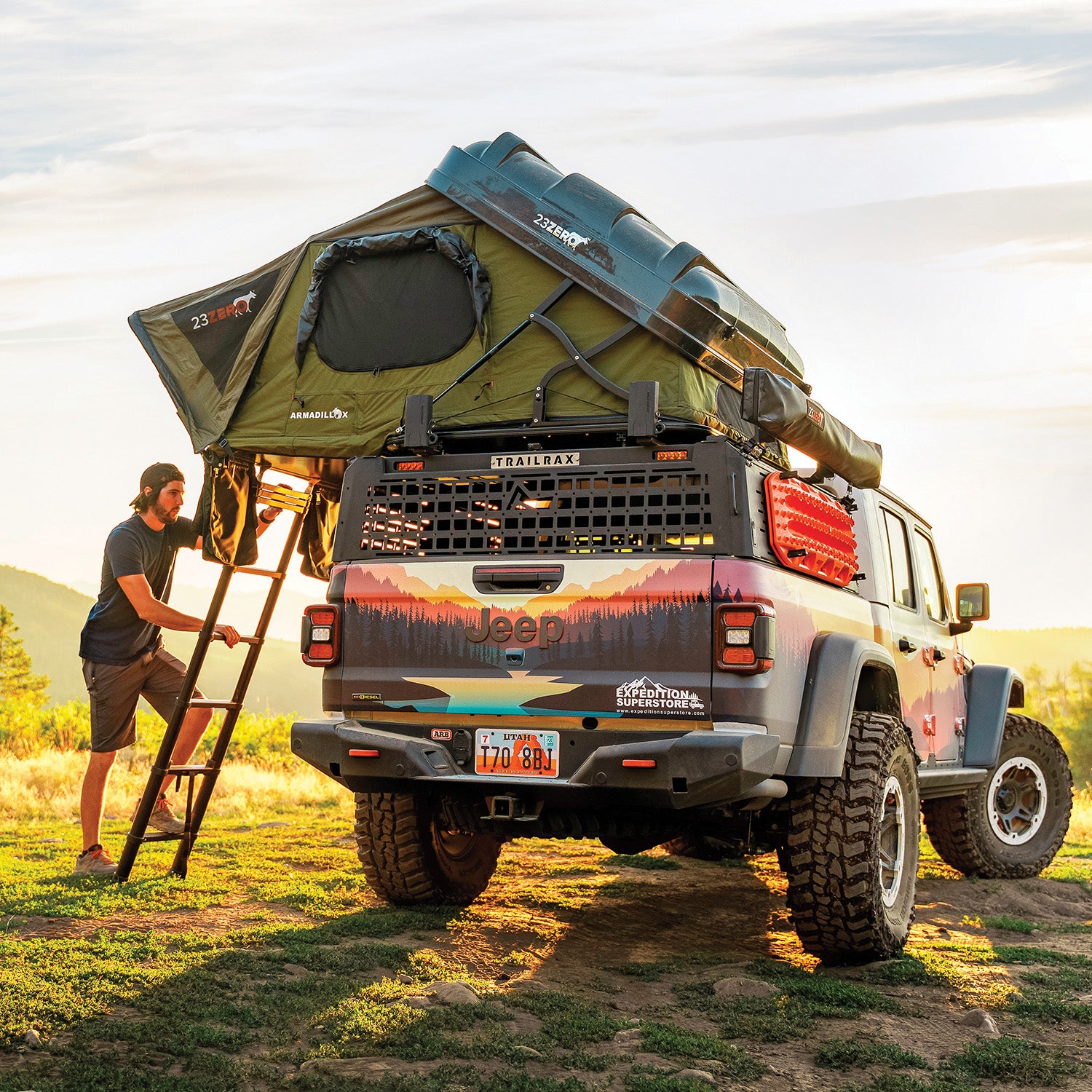 23zero armadillo x2 hard shell roof top tent on vehicle in mountains on trip