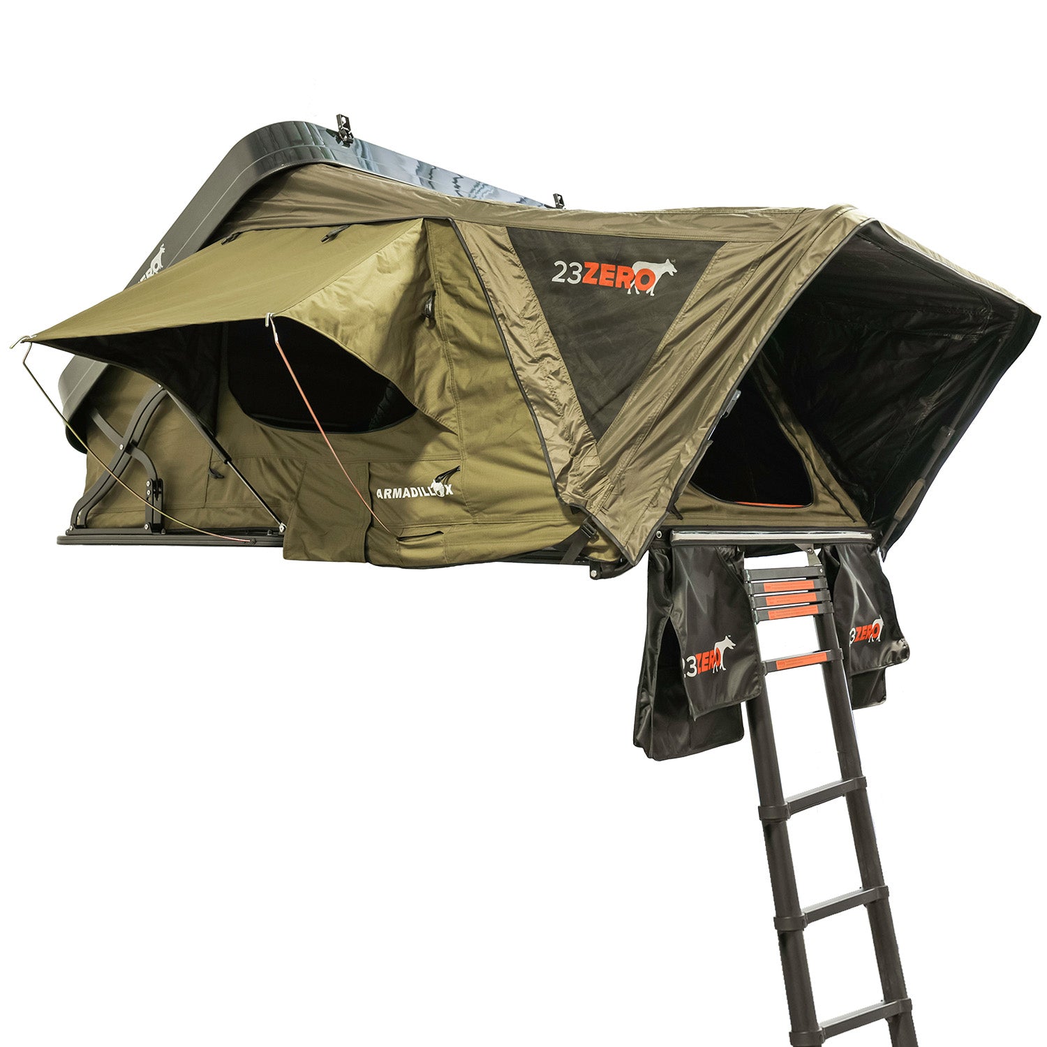 23zero armadillo x2 hard shell roof top tent side view with ladder