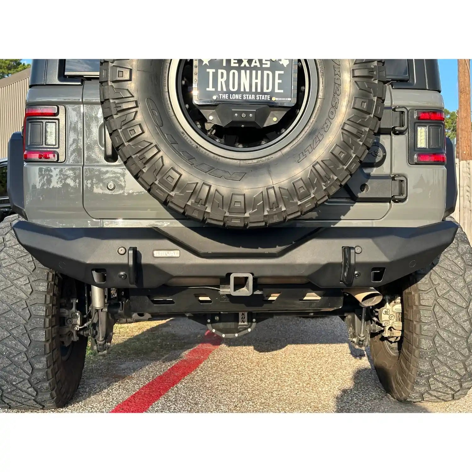 Mounted rear view of RIVAL Rear Aluminum Stubby Bumper 2018+ Jeep Wrangler JL