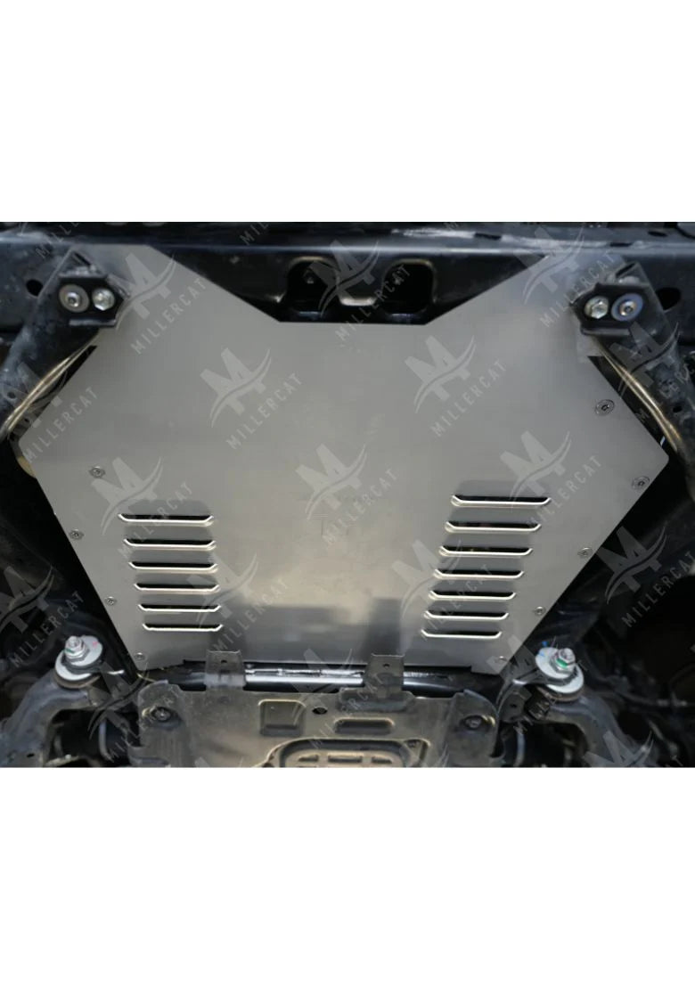 A silver Millercat catalytic converter shield for a Toyota 4Runner shown on a white background.