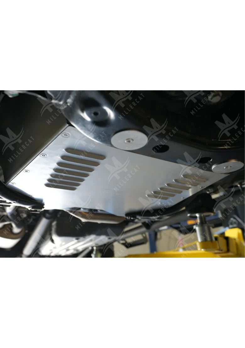 An angled view of the Millercat catalytic converter shield, highlighting its sturdy construction and design.