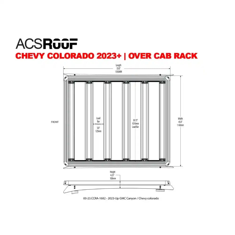 ACS Roof over cab rack for Chevy Colorado 2023+ with dimensions on a white background
