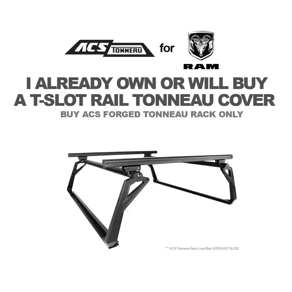 ACS Tonneao T-Slot Rail Tonneau Cover with RAM logo on a white background