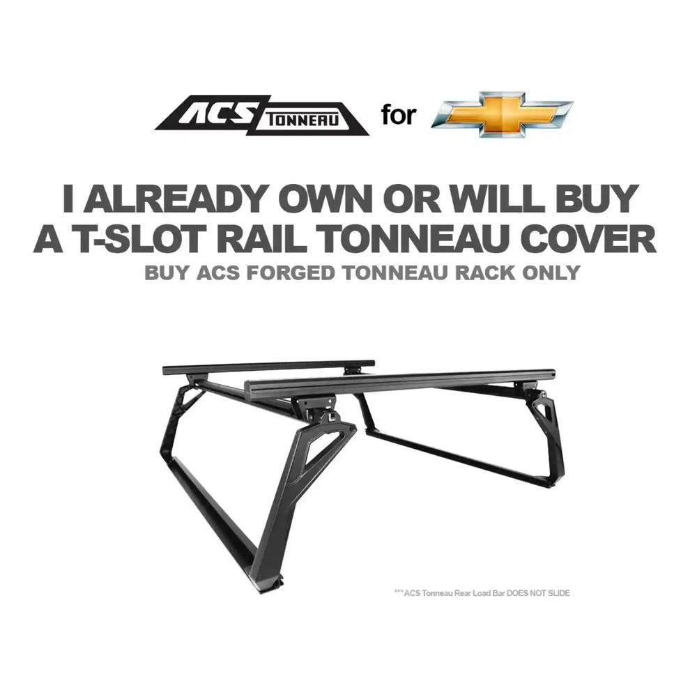 ACS Tonneau cover advertisement with a T-slot rail tonneau cover on a white background, featuring Chevrolet logo.