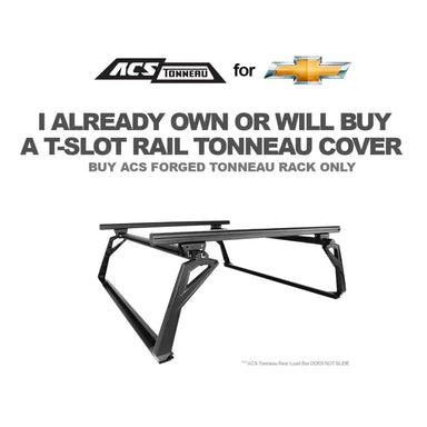 ACS Tonneau cover advertisement with a T-slot rail tonneau cover on a white background, featuring Chevrolet logo.