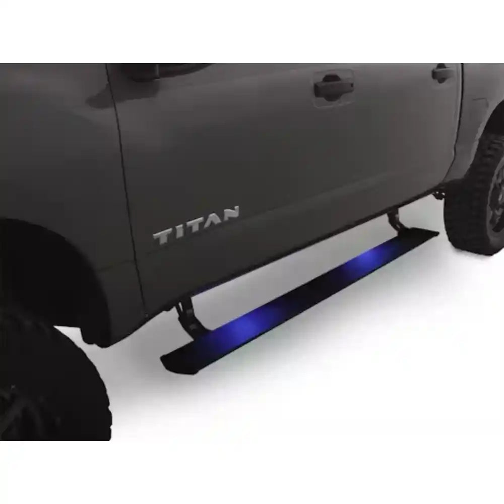 AMP Research PowerStep with blue LED lighting on a gray 2017 Nissan Titan