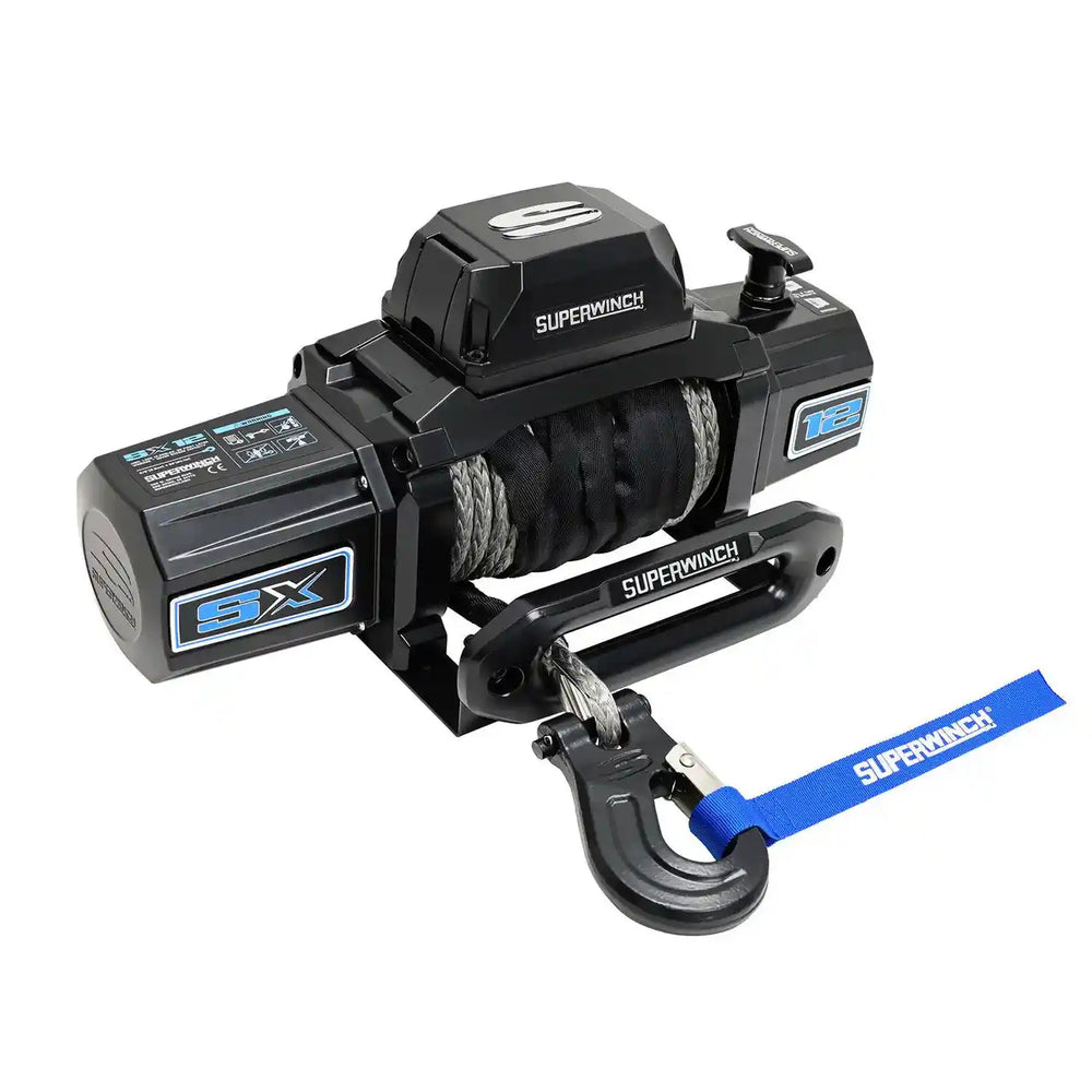 Angled view of 12000lb 12DC winch with black hook