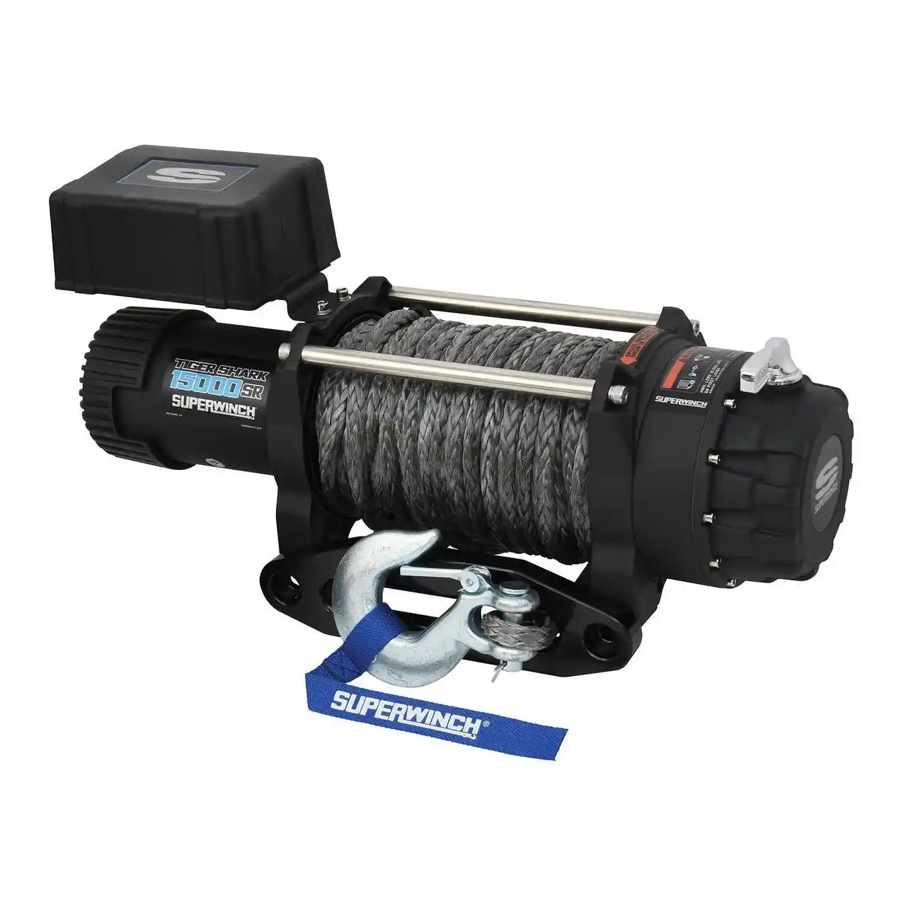 Angled view of 15000 winch with synthetic cable and control box on a white background