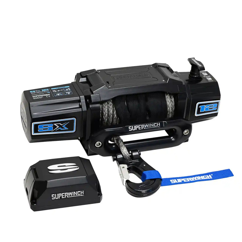 Angled view of SX12SR 12000lb 12DC winch with black hook