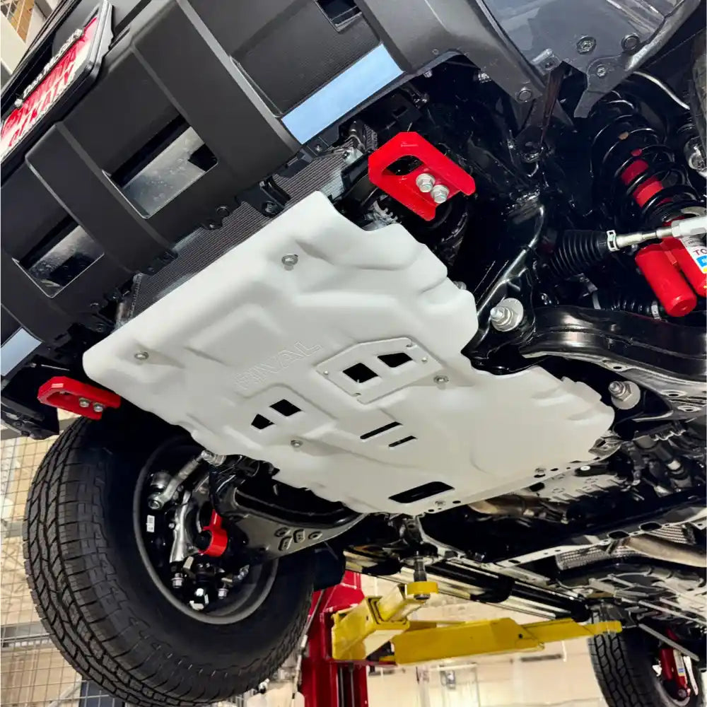 Angled view of the installed skid plate