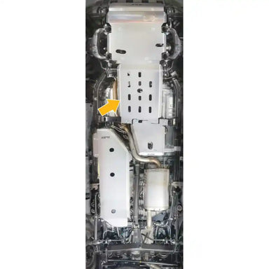 Asfir 4x4 6mm aluminum bolt-on transmission skid plate close-up for Toyota Land Cruiser 250 hybrid