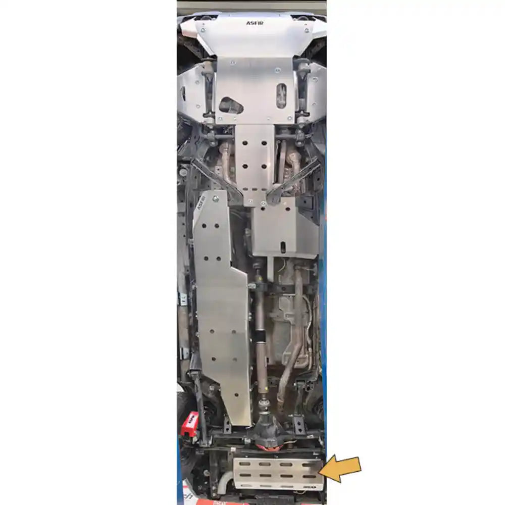 Asfir 4x4 Ford Bronco 6mm aluminum exhaust skid plate protecting underbody