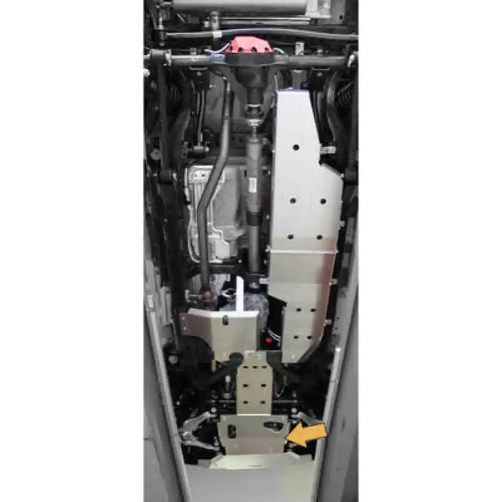 Asfir 4x4 Ford Bronco Front Skid Plate installed on OE Plastic Bumper - underbody view