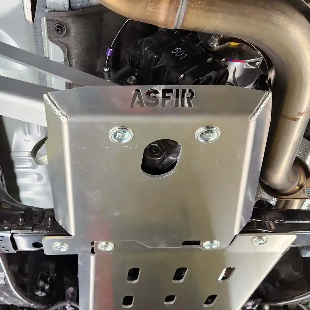 Asfir 4x4 LC250 hybrid transfer case protection skid plate installed with brackets