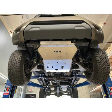 Asfir 4x4 Tacoma front skid plate installed on chassis with brackets detail